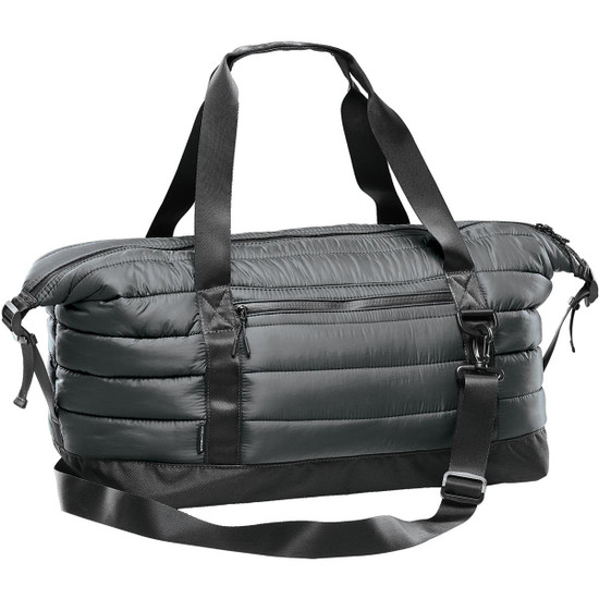 A quilted duffle bag in dark green, featuring adjustable straps and a zippered pocket. It has a logo on it.