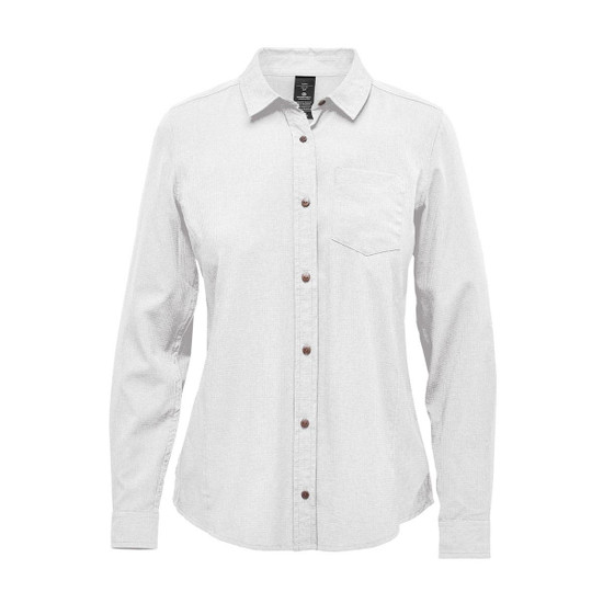 A women's button-up shirt in light grey with a chest pocket and wooden buttons. Features a logo.