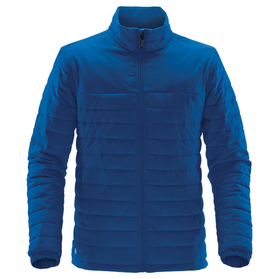 A blue quilted jacket with a zip front and stand collar, featuring a logo on the side.