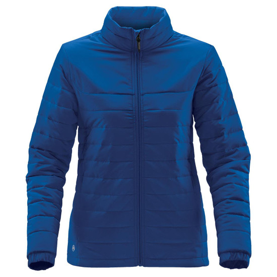 A blue women's quilted jacket featuring a zip front and stand-up collar, with a logo on the side.