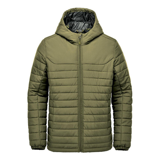 A green quilted hoody with a zip front and a hood, featuring a simple design and soft material.
