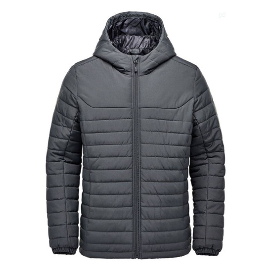 A dark grey quilted hoody with a zip front and hood, featuring a logo on the chest.