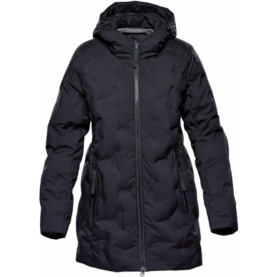 A black women's parka jacket featuring a hood, zip closure, and multiple pockets. It has a puffer design and a logo.