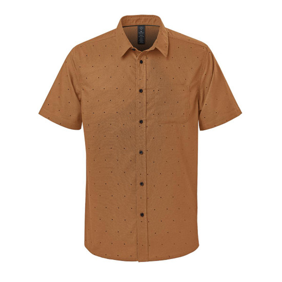 A short-sleeve button-up shirt in brown with a patterned design, featuring a pocket and a logo.