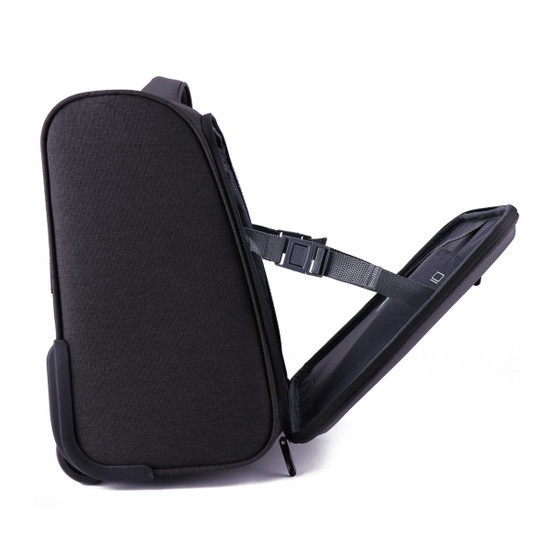 A wheeled underseat luggage bag in black, featuring a side view with an open compartment and adjustable strap.