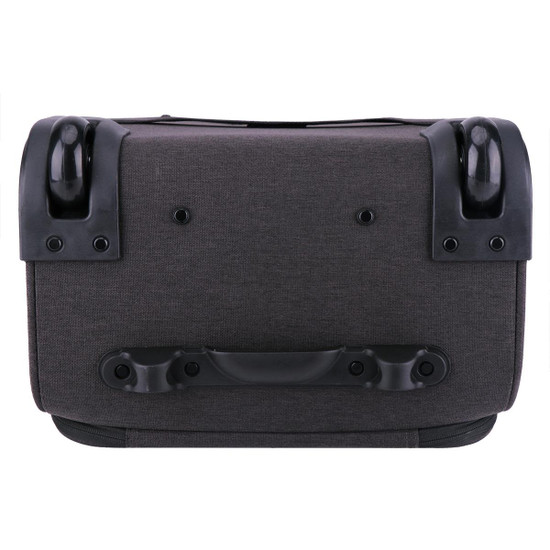 A wheeled underseat luggage in dark grey fabric with black accents and sturdy wheels.