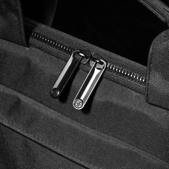A black laptop sleeve with dual zippers, featuring a sleek and textured fabric design.