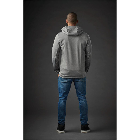 A grey men's hoodie with a hood, displayed from the back, paired with blue jeans, and featuring a logo.