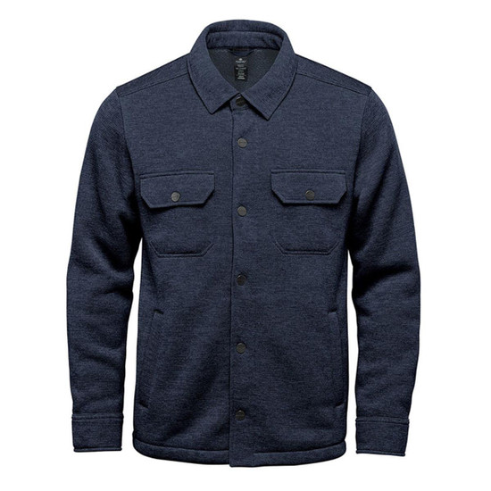 A navy blue unisex fleece shacket featuring a button-up front and two chest pockets, with a logo on the label.