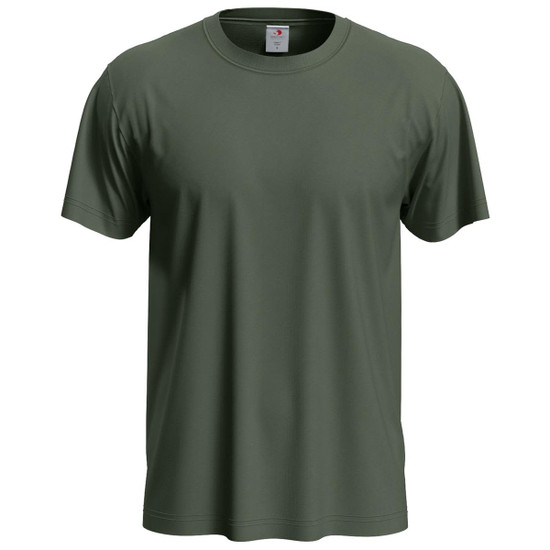 A men's classic T-shirt in olive green, featuring short sleeves and a round neckline, with a logo on the tag.
