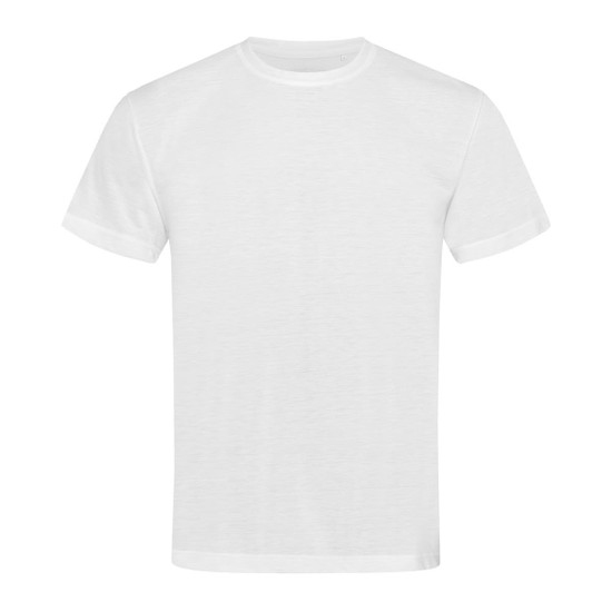 A plain white t-shirt with a crew neck and short sleeves, featuring a logo on the front.