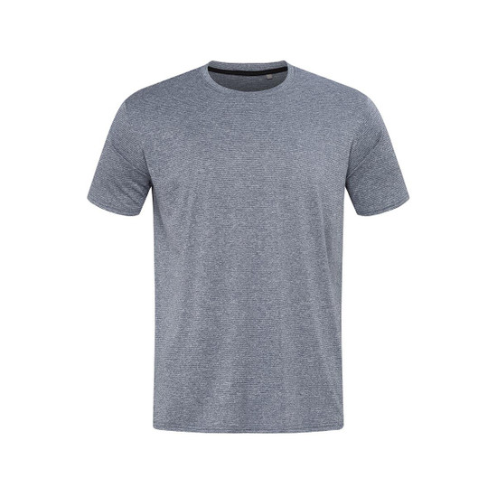 A grey patterned men's T-shirt with a round neck and short sleeves, featuring a logo on the chest.