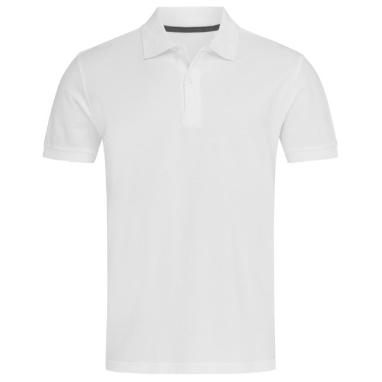 A white polo shirt with a classic collar and a logo on the chest.