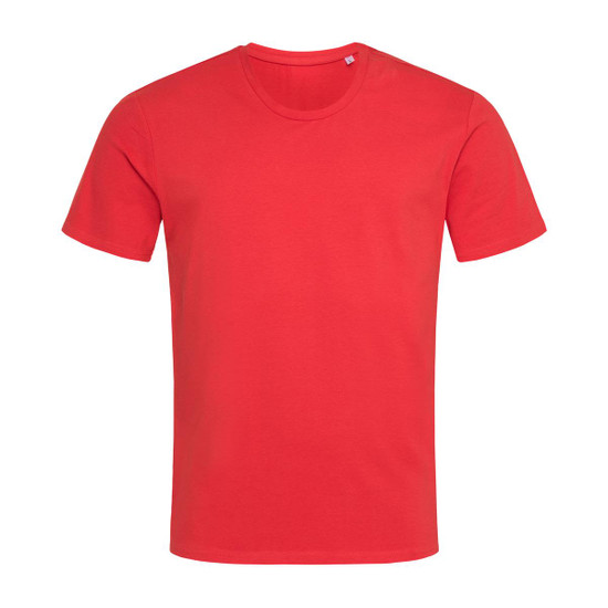 A red crew neck t-shirt with short sleeves and a small logo on the neckline.
