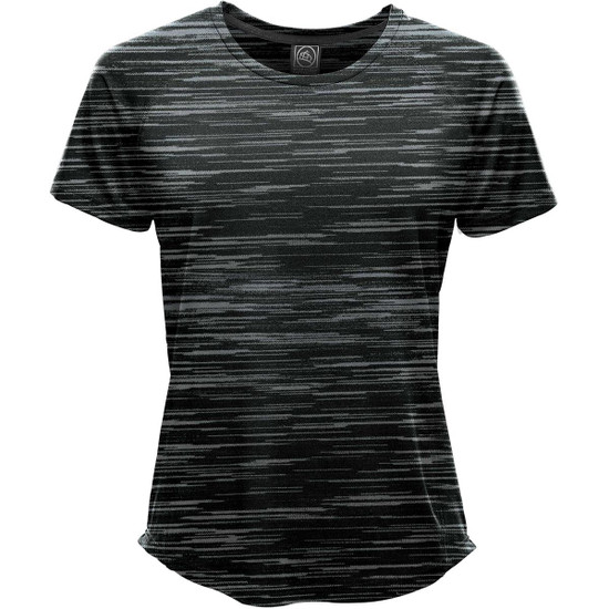 A women's T-shirt in dark green with a textured pattern, featuring a logo at the neckline.
