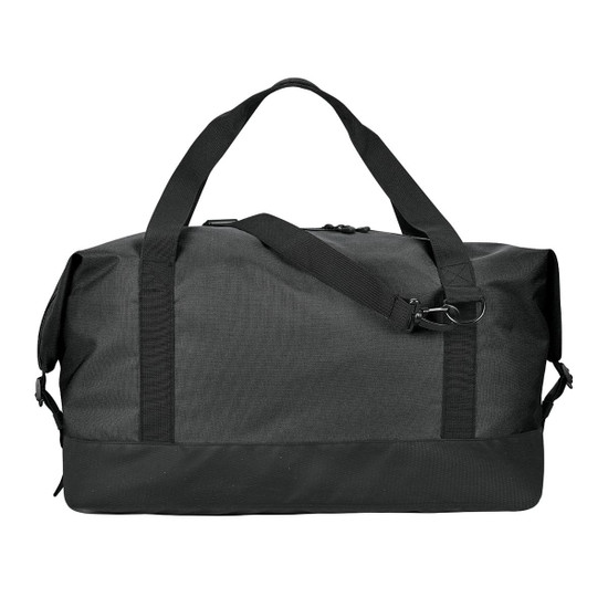 A black duffle bag features dual handles and a detachable shoulder strap, with an adjustable buckle and a branding logo.