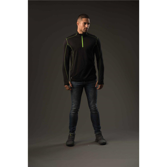 A black men's fleece pullover with contrasting green accents, featuring a zip collar and long sleeves.