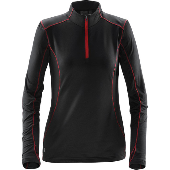 A women's black fleece pullover with red accents and a quarter zip, featuring long sleeves and a logo.