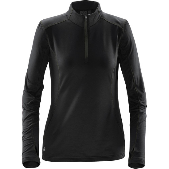 A women's black fleece pullover with a quarter zip and long sleeves, featuring a small logo on the hem.