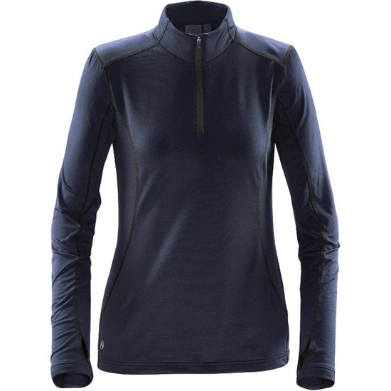 A navy women's fleece pullover with a half-zip collar and long sleeves, featuring a logo on the hem.