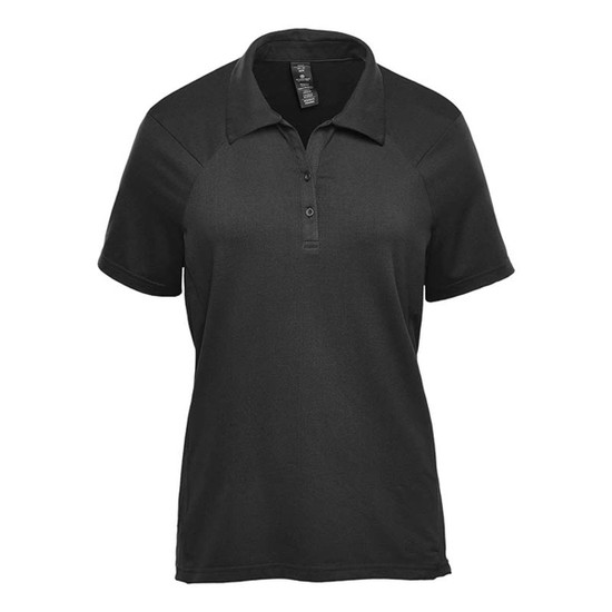 A black women's polo shirt with a collar, featuring short sleeves and a logo.