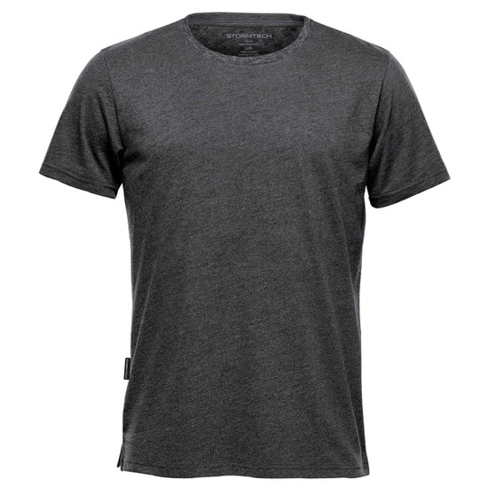 A grey crew neck t-shirt with short sleeves and a side label detail. It features a branding logo on the neckline.