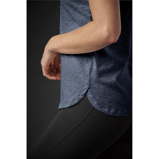 A navy blue women's crew neck tee, featuring a side split hem, shown on a model's upper body.