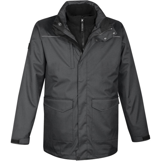 A dark green men's parka featuring a zip front, multiple pockets, and a collar, with a logo on the sleeve.