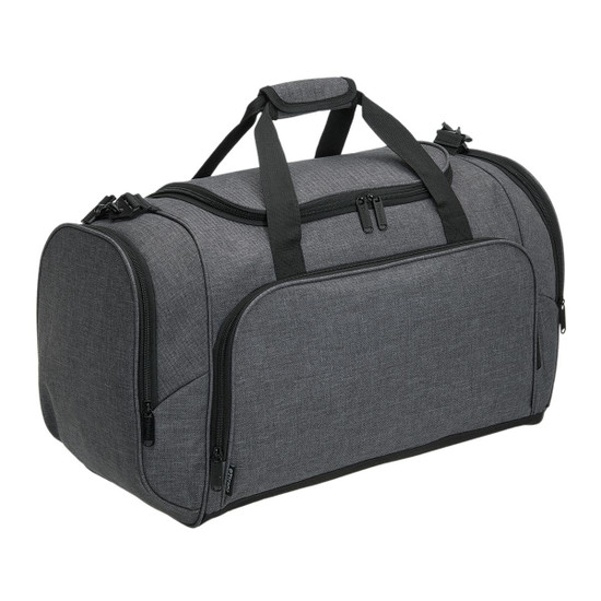 A grey duffle bag with black accents, featuring a handle and zippers, and has a branding logo.