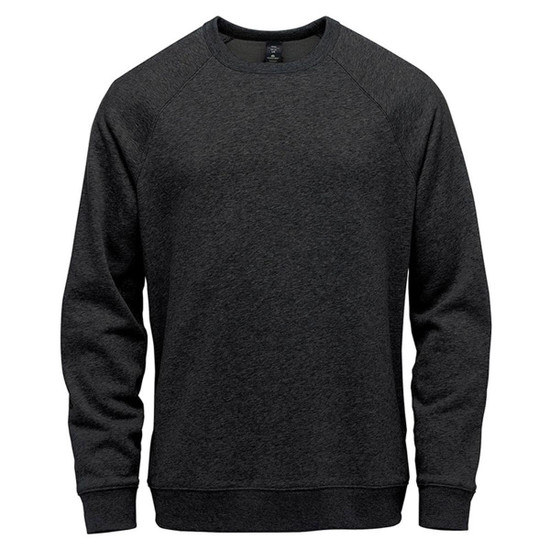 A men's crew neck sweater in dark grey with a simple design and a logo on the chest.