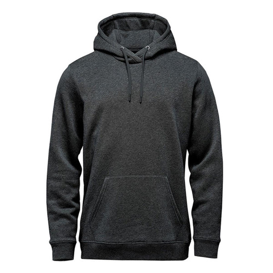 A grey fleece pullover hoody with a front pocket and adjustable drawstring hood. It has a branded logo.