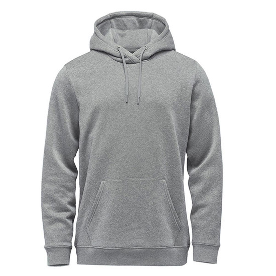A grey fleece pullover hoodie with a front pocket and drawstring hood. It has a branding logo.