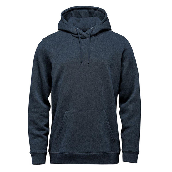 A dark grey fleece pullover hoody featuring a front pocket and a drawstring hood. It has a logo on it.