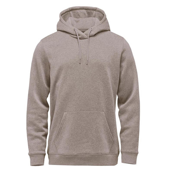 A men's fleece pullover hoody in a tan colour, featuring a front pocket and a hood. It has a logo on it.