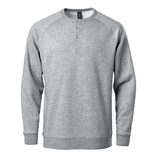 A grey men's henley shirt with a button placket and long sleeves, featuring a logo on the chest.