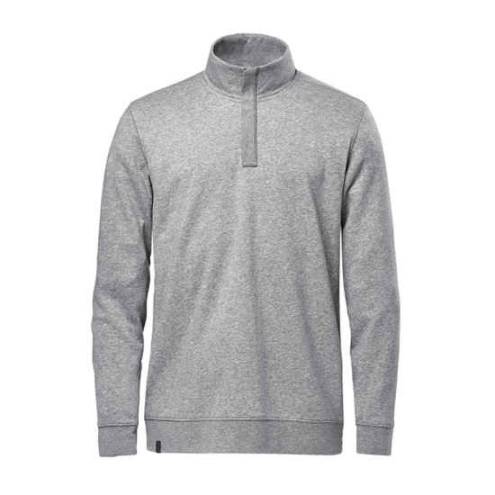 A grey men's pullover featuring a 1/4 zip and a standing collar, with long sleeves and a plain design.
