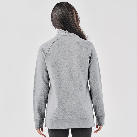 A grey cowl neck pullover is displayed, featuring a relaxed fit and long sleeves. It includes a logo.