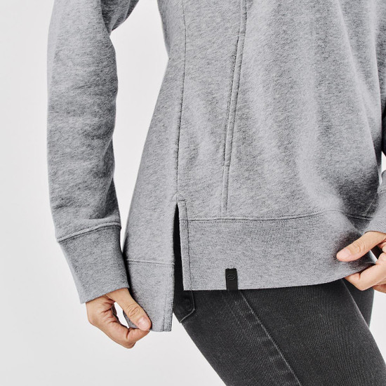 A grey women's pullover featuring a cowl neck and side slits, with a branded tag on the hem.