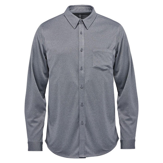 A grey long sleeve button-up shirt with a chest pocket and a collar. The shirt features a logo.