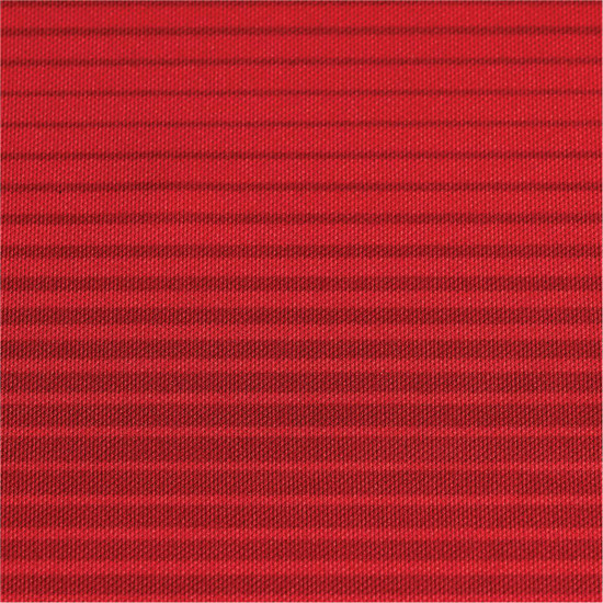 A textured fabric in vibrant red, featuring subtle horizontal stripes. Contains a logo.