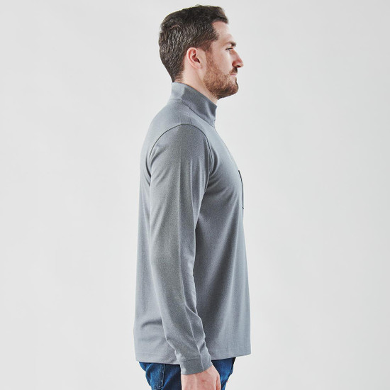 A grey men's pullover with a 1/4 zip, featuring a side view and long sleeves. Includes a logo.