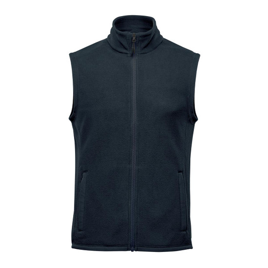 A dark green fleece vest with a high collar and side pockets, featuring a zip front and a logo.
