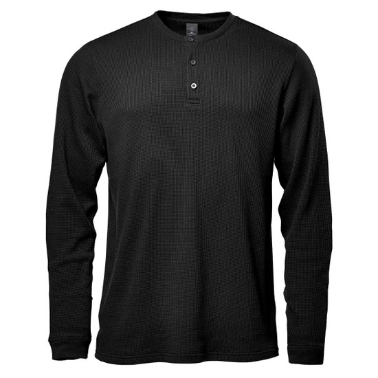 A black long-sleeve Henley shirt featuring a buttoned neckline and a textured design. The shirt has a logo.