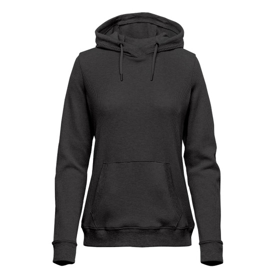 A black women's pullover hoody featuring a front pocket and a hood. It has a simple, casual design.