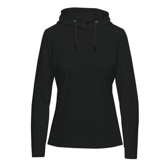 A women's pullover hoody in dark green, featuring a front pocket and drawstring hood. It has a logo on the front.