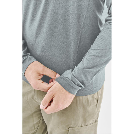 A long-sleeve men's T-shirt in a light grey colour with a logo, featuring a fitted design and cuff detail.