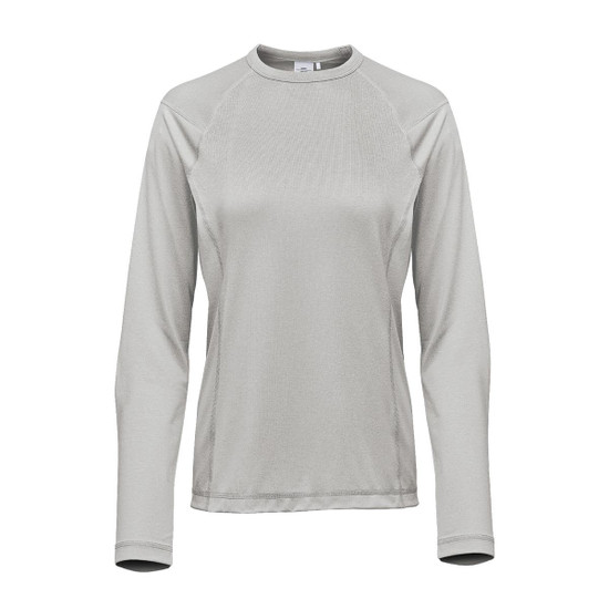A long-sleeved women's tee in a light grey colour, featuring a rounded neckline and a logo.