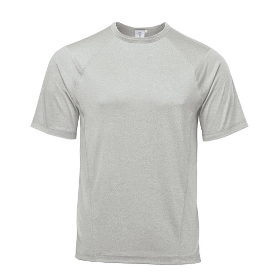 A grey, short-sleeved men's T-shirt with a subtle sheen and a logo on the upper area.