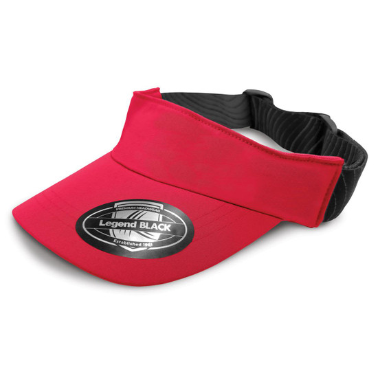 A red visor with a black adjustable band, featuring a circular logo on the front.