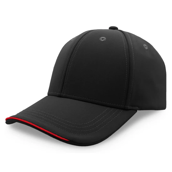 A black cap with a red trim and stitching, featuring a logo on the front.